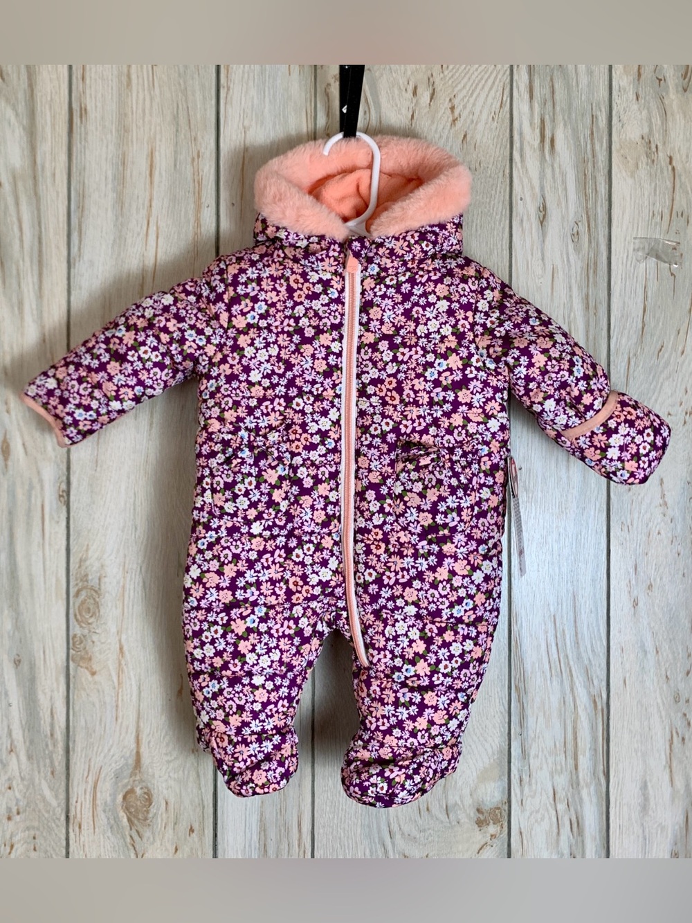 Kenzie Girl 0/3 M Snow Suit Cozy Peach Faux Fur Pink/ Purple Floral Baby Infant